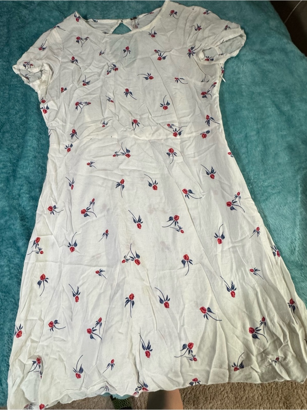 Free People White Floral Mini Dress with Red & Navy Accents